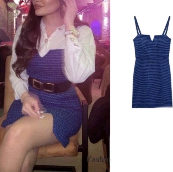 NWT Zara Blue Tweed Textured Mini Dress - Picture 6 of 13